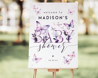 Purple Butterflies Baby Shower Welcome Sign, Editable Template Digital Download, Corjl - 015