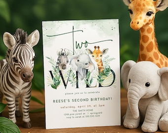 Two Wild Safari Birthday Invitation: Watercolor Jungle Animals (Digital Download)