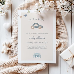 Invito per baby shower per bambino, auto blu, modello modificabile invito DIGITALE da scaricare, Corjl 003