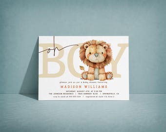 Boy Lion Baby Shower Invitation, Safari Oh Boy Editable Template Digital Invite or Printed, Corjl 011