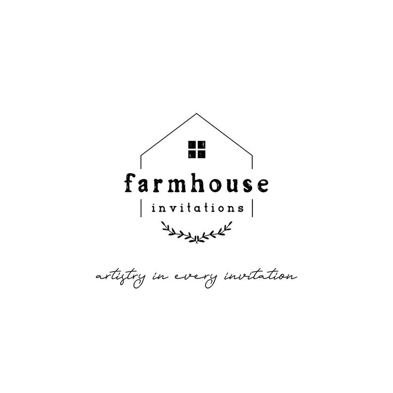 May include: A black and white logo for "Farmhouse Invitations" featuring a house icon with a window, the text "farmhouse invitations", and a botanical wreath. The tagline "artistry in every invitation" is also included.
