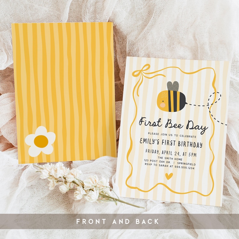 May include: A set of yellow and white striped invitations with a bee theme. One invitation features a cartoon bee and the text "First Bee Day." The back of the invitation has a yellow striped pattern with a white flower.