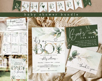 Greenery Boy Baby Shower Invitation Bundle, EDITABLE DIGITAL templates, Corjl 09gr