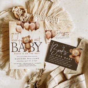 Invito per baby shower We Can Bearly Wait, modello modificabile, invito digitale per bambino, orsacchiotto, baby shower nel bosco, Corjl 014