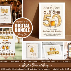 Puede incluir: Conjunto de fiesta digital con men&uacute; de bar, letrero de bienvenida, letrero de mesa de regalos, tarjeta de agradecimiento e invitaci&oacute;n m&oacute;vil. La invitaci&oacute;n presenta una jarra de cerveza y el texto "Come have a cold one with the old one".
