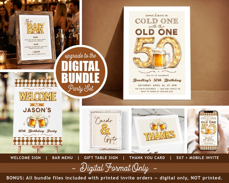 Puede incluir: Conjunto de fiesta digital con men&uacute; de bar, letrero de bienvenida, letrero de mesa de regalos, tarjeta de agradecimiento e invitaci&oacute;n m&oacute;vil. La invitaci&oacute;n presenta una jarra de cerveza y el texto "Come have a cold one with the old one".