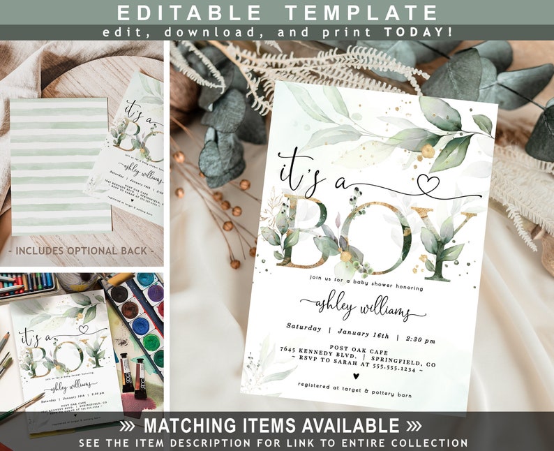 Baby Boy Shower Invitation, Greenery DIGITAL DOWNLOAD, Editable Template, Eucalyptus Suite 5x7 invite, Corjl - 09gr 