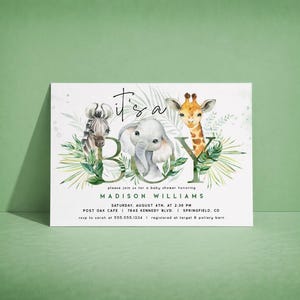 Safari Boy Baby Shower Invitation, Jungle Animals Editable Template, Digital Download or Printed, 0391