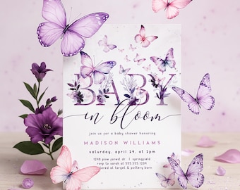 Purple Butterfly Baby Shower Invitation Girl: Editable Template (Digital Download 5x7" PDF/JPG)