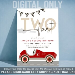 Two Fast Birthday Invitation, Boy 2nd Birthday Race Car Invite, Digital Download or Printed DIGITAL only