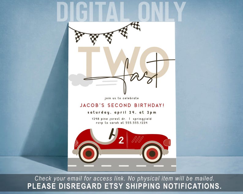 Two Fast Birthday Invitation, Boy 2nd Birthday Race Car Invite, Digital Download or Printed DIGITAL only