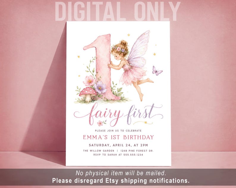 Fairy First Birthday Invitation, Girl Fairytale 1st Birthday Digital Invite or Printed DIGITAL invite only