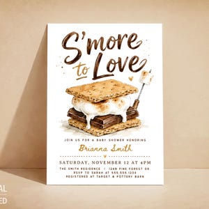 May include: A white rectangular baby shower invitation card featuring a watercolor illustration of a s'more with the text S'more to Love. The card includes event details for Brianna Smith on Saturday, November 12 at 4pm at The Smith Residence.