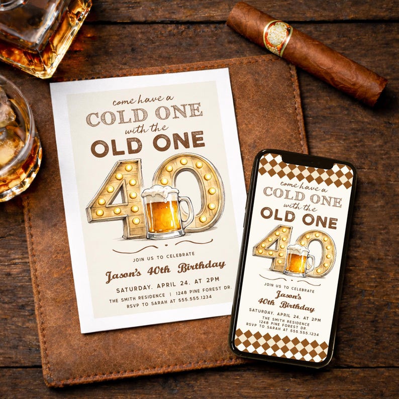 40th Birthday Invite for Men, Editable Corjl Template, Beer BBQ Theme, Cold One for the Old One