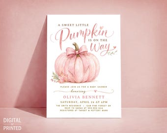 Pink Pumpkin Girl Baby Shower Invite, Fall Digital Template or Printed