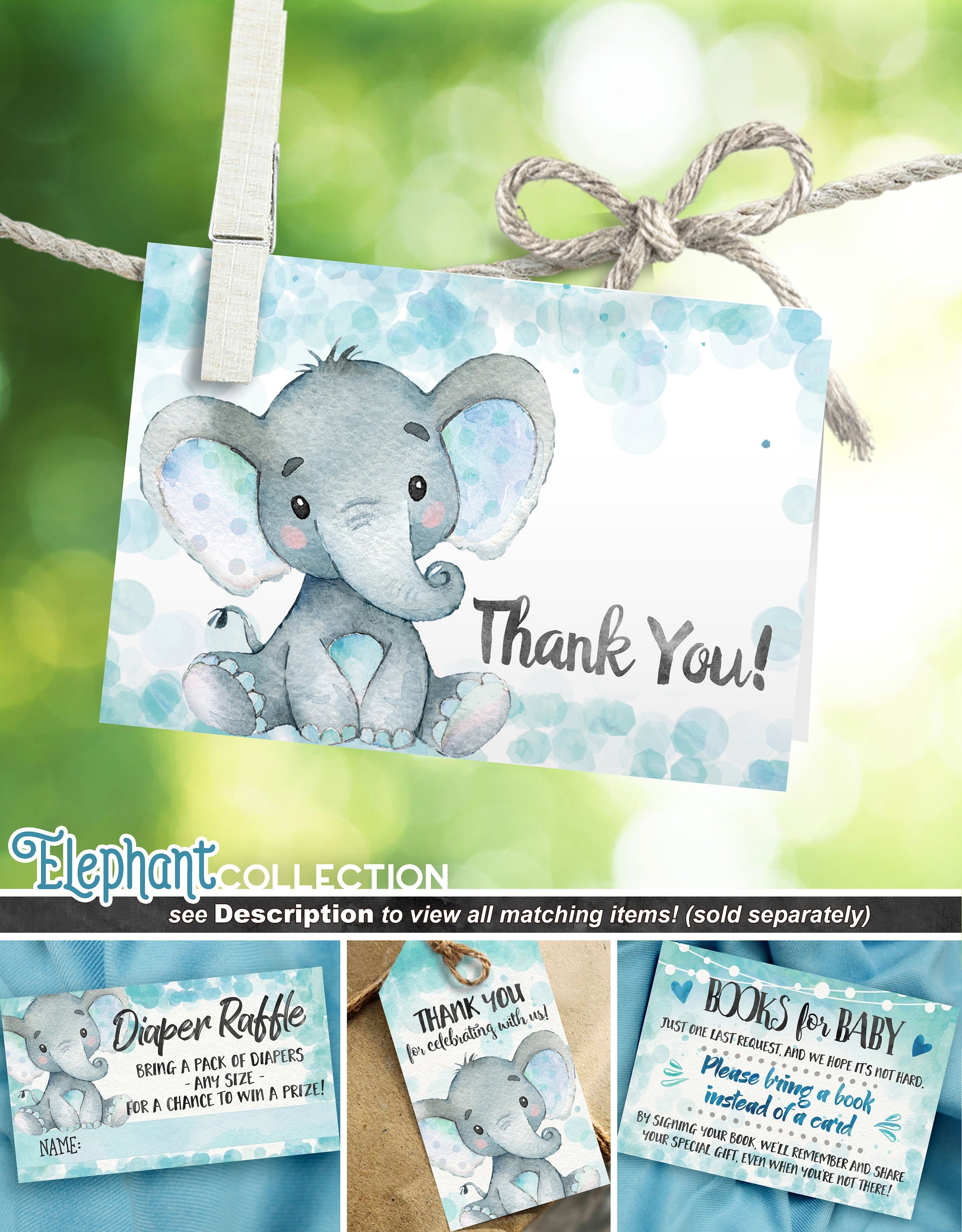 Boy Elephant Baby Shower Thank You Cards, Printable INSTANT