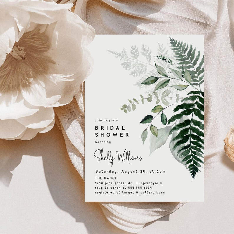 May include: A bridal shower invitation with a cream background and green botanical accents. The text reads "Join us for a Bridal Shower honoring Shelly Williams." Details include the date, time, and location.