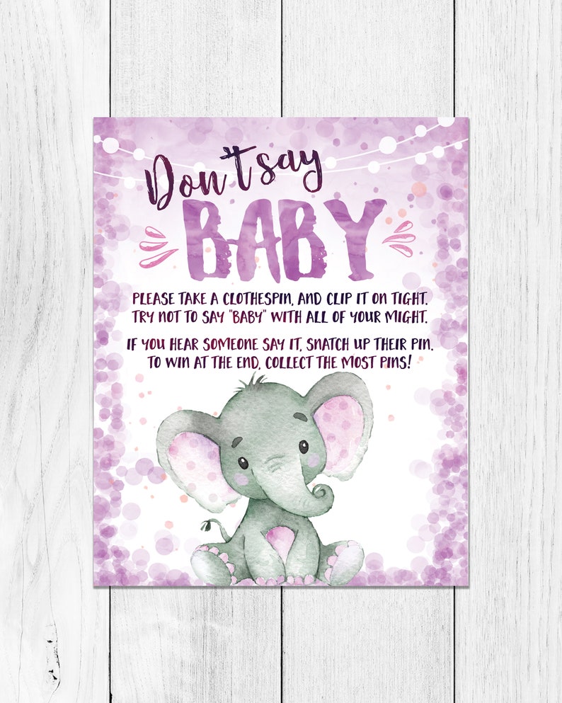 Dont Say Baby Game Purple Elephant Baby Shower Printable - Etsy