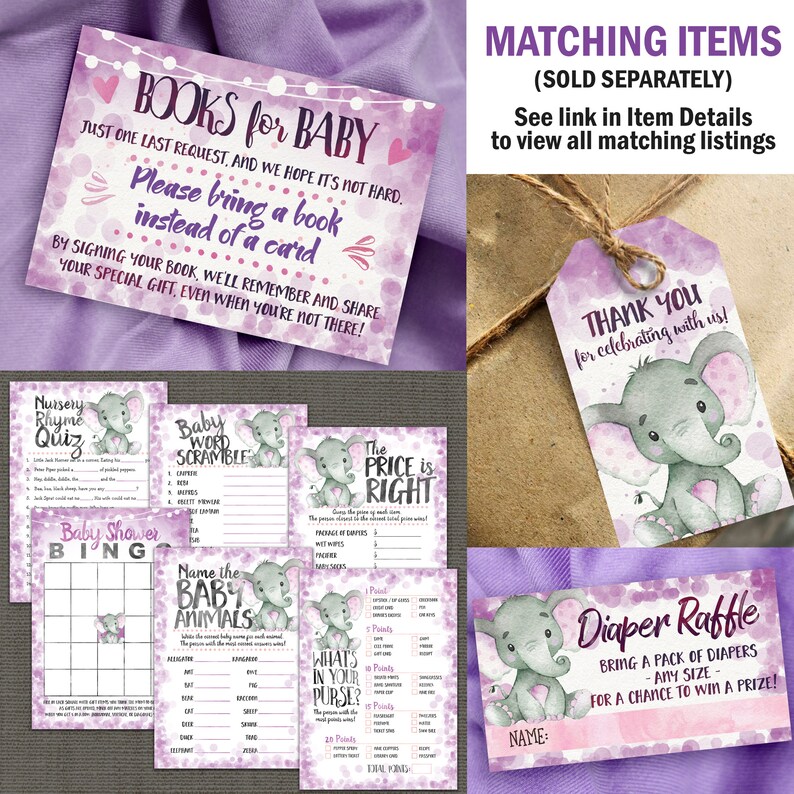Purple Elephant Baby Shower Invitation Girl Lavender Etsy