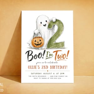 May include: A rectangular birthday invitation card featuring a watercolor illustration of a white ghost holding an orange jack-o'-lantern bucket next to a large green number two. The text reads Boo! I'm Two! join us to celebrate OLLIE'S 2ND BIRTHDAY!