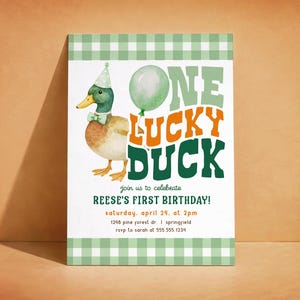 One Lucky Duck First Birthday Invitation Template, Boy Mallard Duck, Printed or Digital Invite