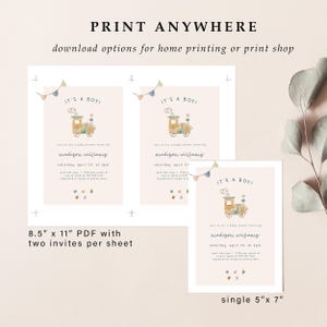May include: Two printable baby shower invitations featuring a cartoon train with the text "It's a Boy!" and the name "madison williams". The invitations are available in two sizes: 8.5 inches by 11 inches with two invitations per sheet, or 5 inches by 7 inches as a single invitation.
