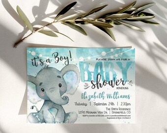 May include: A blue and gray baby shower invitation with a cute cartoon elephant and the text "it's a Boy!" and "Baby Shower". The invitation also includes the name "Elizabeth Williams" and the date and time of the shower.