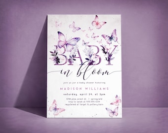 Butterfly Baby in Bloom Shower Invitation, Purple Girl Baby Shower, Printed or Digital Invite
