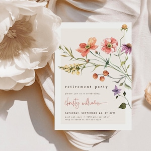 Faire-part de départ à la retraite Garden Party, inviter à une fête de départ à la retraite estivale, modèle modifiable Corjl, téléchargement immédiat