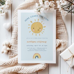 Ecco che arriva il figlio invito baby shower, invito per ragazzo modello modificabile download DIGITALE, Corjl 023