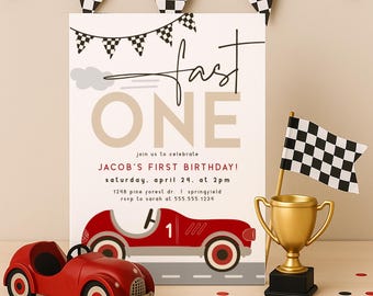 Fast One Birthday Invitation, Boy 1st Birthday Race Car Invite, Editable Template Digital Download, Corjl