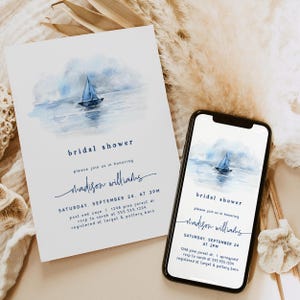 May include: A blue and white watercolour illustration of a sailboat on the ocean. The image is used for a bridal shower invitation for Madison Williams. The invitation includes the date, time, and location of the event, as well as the RSVP information.