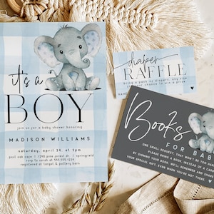 Invito per baby shower Blue Elephant Boy Suite, modello di invito MODIFICABILE file DIGITALE, Corjl