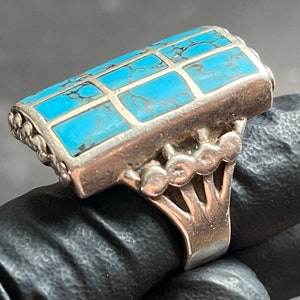 Kingman Turquoise Sterling Ring Sz 10.75 - Vintage Southwestern 1970&#39;s Halmarked See Video!