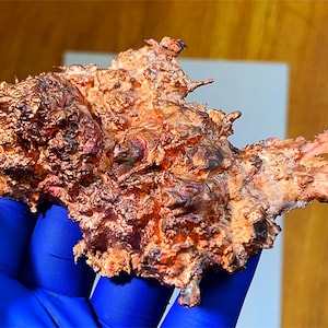 May include: A raw copper specimen with a textured, organic shape. The copper displays a range of colors, from bright orange to dark brown, with areas of iridescence. The text "24-5ER5" is visible in the upper left corner. The specimen is held by a gloved hand.
