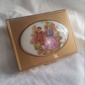1950s Patrys brass compact with Limoges porcelain Fragonard painting