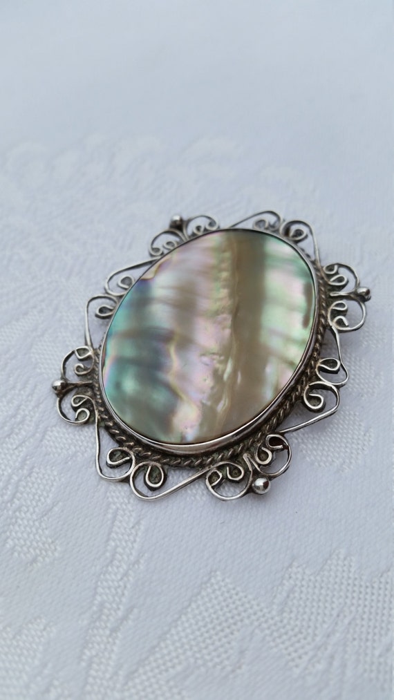 Vintage 1940s sterling and abalone filigree Mexic… - image 3