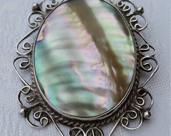 Vintage 1940s sterling and abalone filigree Mexican pendant/brooch