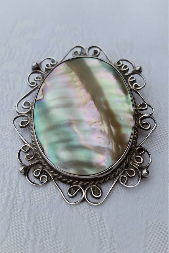 Vintage 1940s sterling and abalone filigree Mexic… - image 1