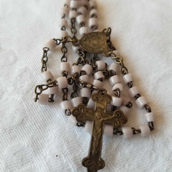 Early 1900s rosary, white glass beads and copper