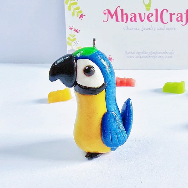 Blue and yellow macaw pendant, macaw lovers gift, cute parrot accessory, polymer clay, bird lovers, ready to ship parrot lovers gift