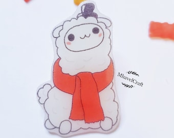 Alpaca snowman translucent pin magnet kawaii alpaca, glitter snow, winter theme winter lovers gift, alpaca lovers