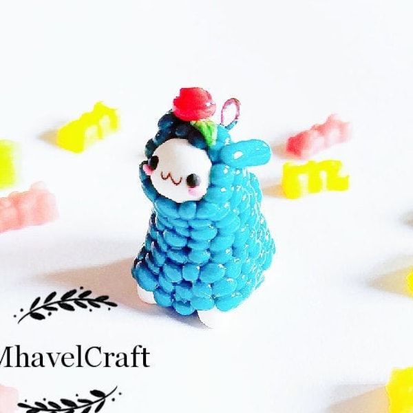 Alpaca keychain, blue alpaca pendant polymer clay kawaii charm, spring, metallic blue, red roses, chubby animal, alpaca lovers gift