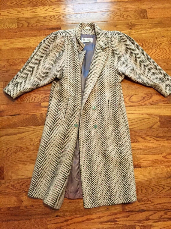 1980s Vintage Wool Trench Coat - Pink & Grey Chevr