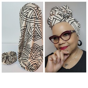 GLITZY Draping Hat, Black Flocking on eggshell, with tiny specs of gold foil. Converts into Head Wraps! Versatile Hat.