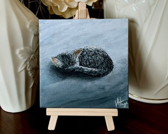 Sleeping Cat, Curled Up Blue (3rd in series) Mini Painting 4" x 4" miniature canvas acrylic art by Veronica Hage - hand painted original