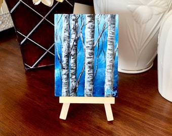 Frozen Birches Painting 3" x 4" miniature canvas acrylic art by Veronica Hage - hand painted original