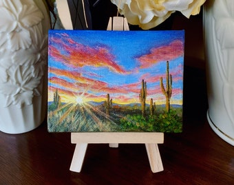 Last Light On the Cactus - Mini Painting 3” x 4" miniature canvas acrylic art by Veronica Hage - hand painted original