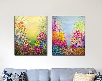 Wildflowers II Series by Veronica Hage - Set of 2 Prints of my original acrylic impressionist painting - Floral nature decor wall art