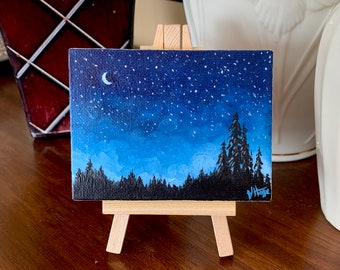Late Night Forest Painting 3" x 4" miniature canvas acrylic art by Veronica Hage - hand painted original